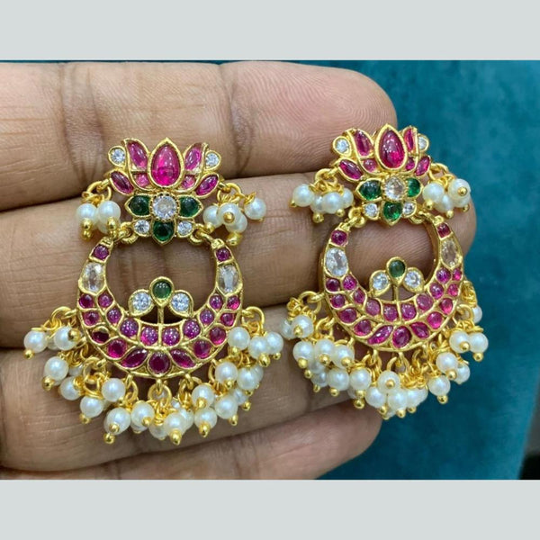 Sona Creation Gold Plated Pota Stone And  Pearls Dangler Earrings