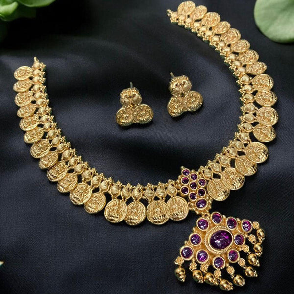 Sona Creation Gold Plated Pota Stone Temple Necklace Set