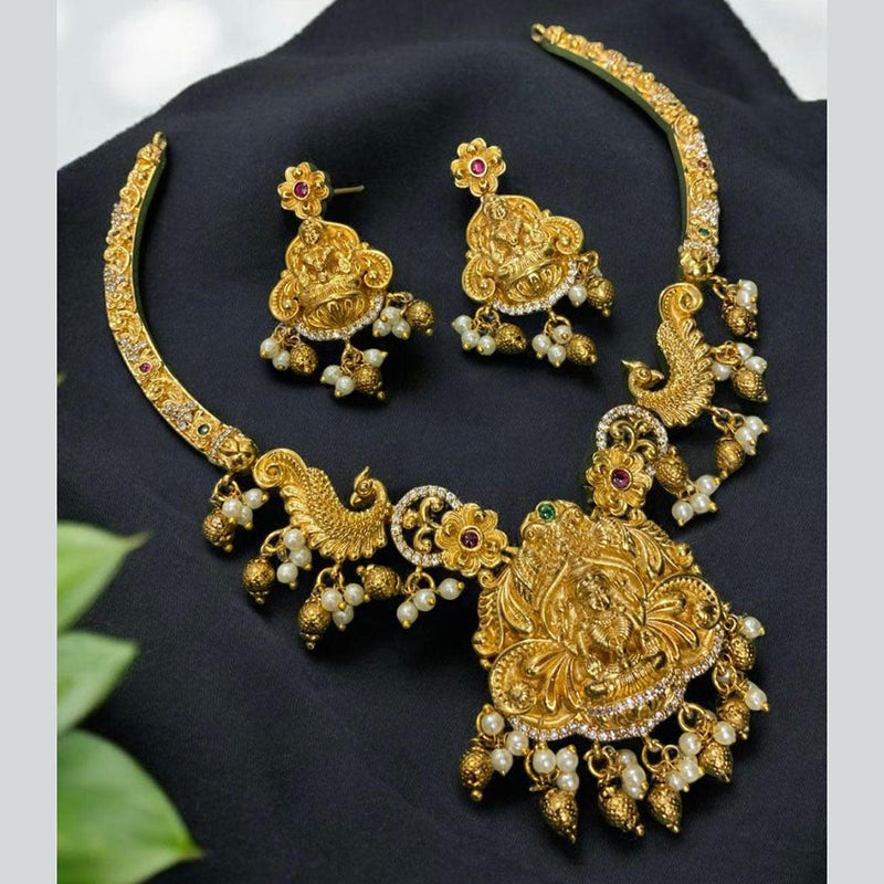 Sona Creation  Gold Plated AD Stone And Pearls Temple Necklace Set