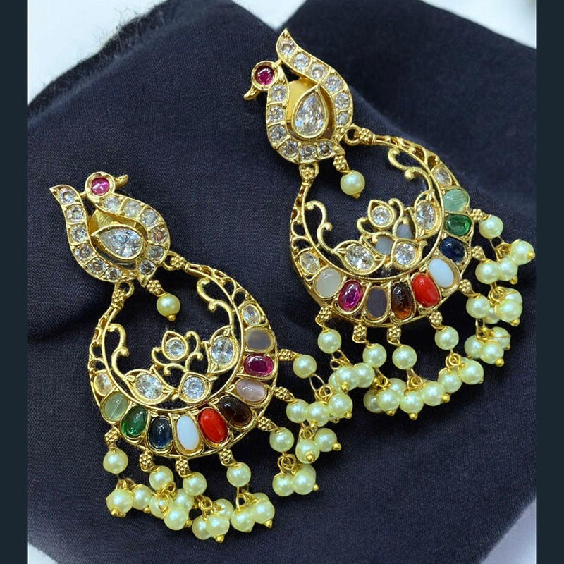 Sona Creation Gold Plated Pota Stone And Pearls Dangler Earrings