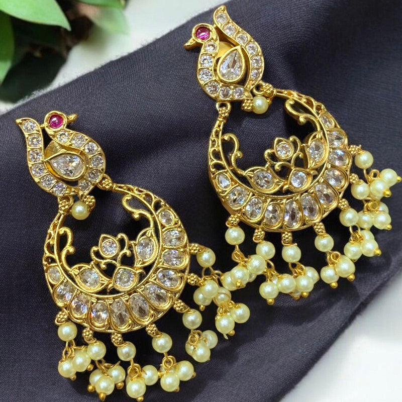 Sona Creation Gold Plated Pota Stone And Pearls Dangler Earrings