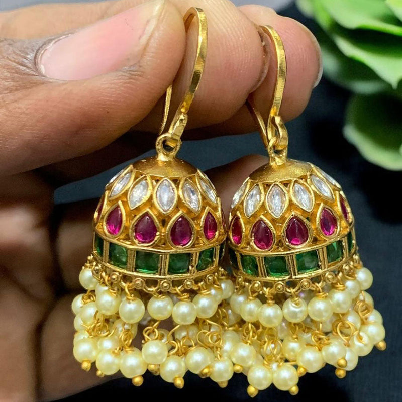 Sona Creation Gold Plated Pota Stone And Pearls Jhumki Earrings