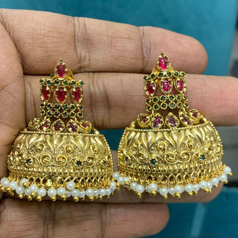 Sona Creation Gold Plated Crystal Stone And Pearls Jhumki Earrings