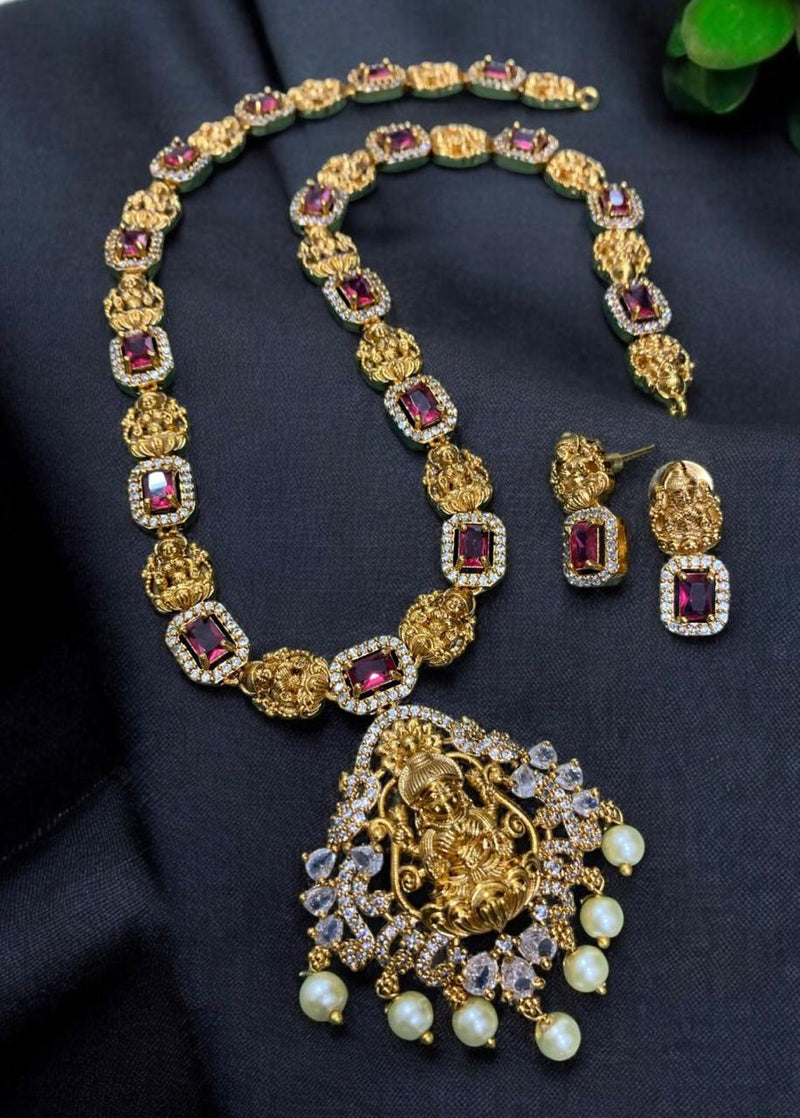 Sona Creation Gold Plated Crystal Stone And Pearls Temple Necklace Set