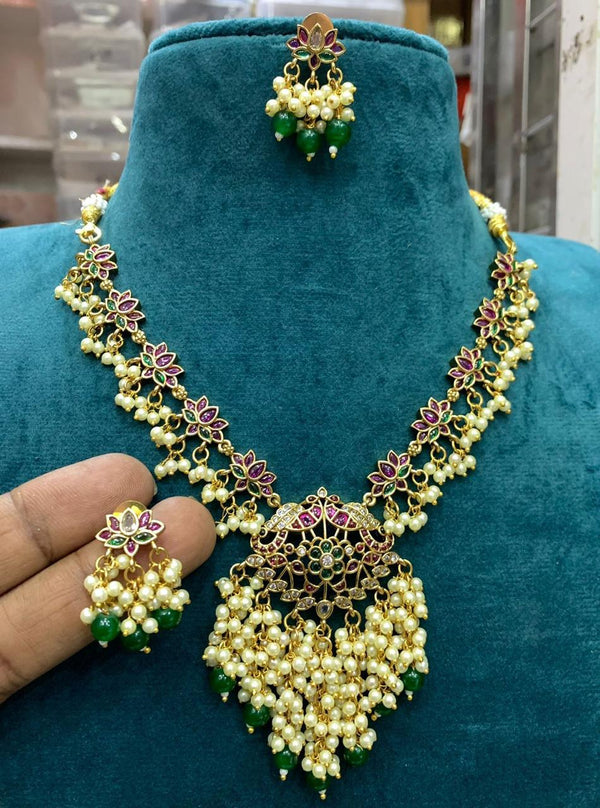 Sona Creation Gold Plated Pota Stone And Pearls Necklace Set