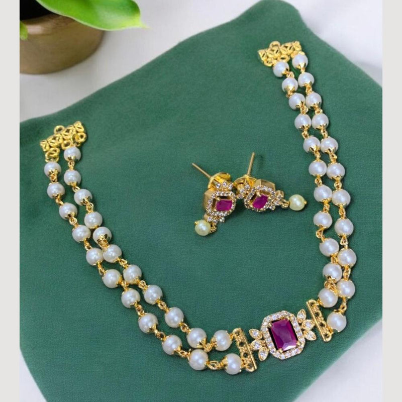 Sona Creation Gold Plated Austrian Stone And Pearls Necklace Set