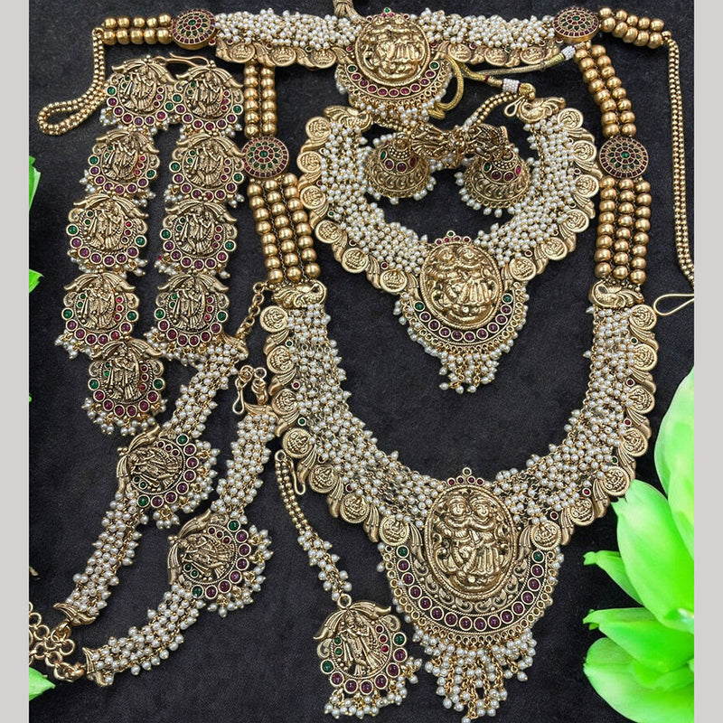 Sona Creation Gold Plated Pota Stone And Pearls Temple Bridal Set