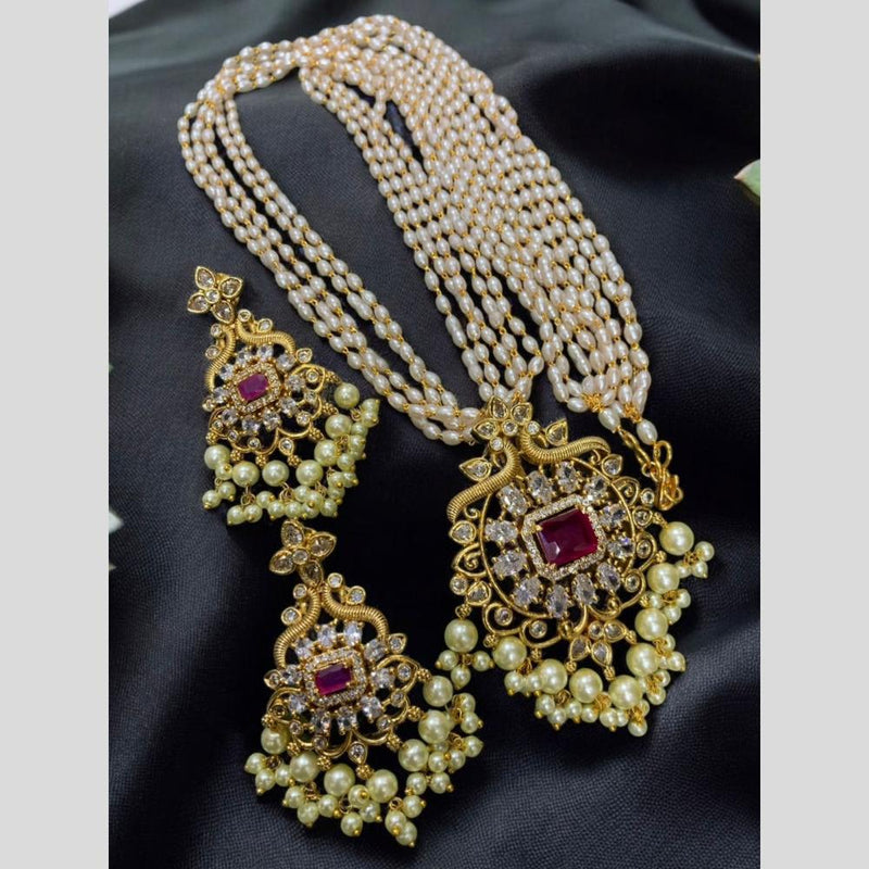 Sona Creation Gold Plated American Diamonds And Pearls Long Necklace Set