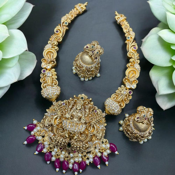 Sona Creation Gold Plated Austrian Stone And Pearls Temple Necklace Set