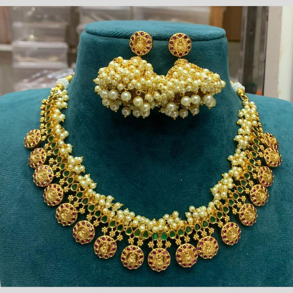 Sona Creation Gold Plated Pota Stone And Pearls Temple Necklace Set