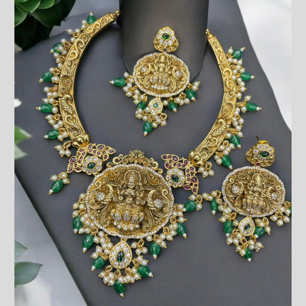 Sona Creation Gold Plated Pota Stone And Pearls Temple Necklace Set