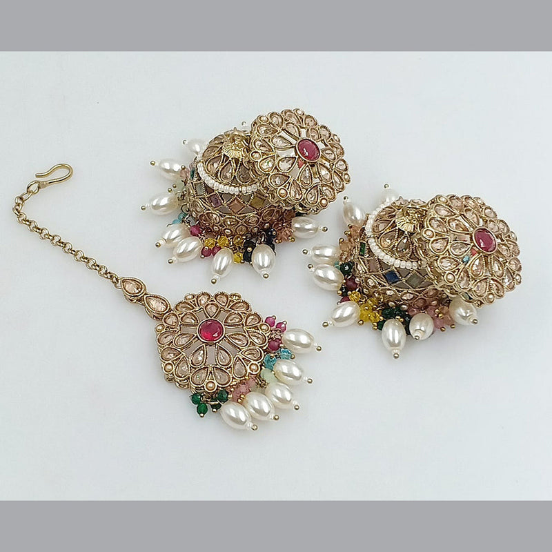 SNERA Gold Plated Crystal Stone Jhumki Earrings With Mangtikka