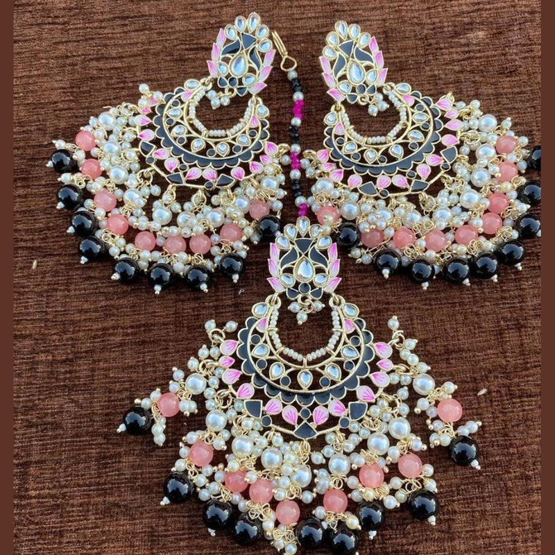 SNERA Gold Plated Meenakari Pearl And Beads Dangler Earrings With Mangtikka