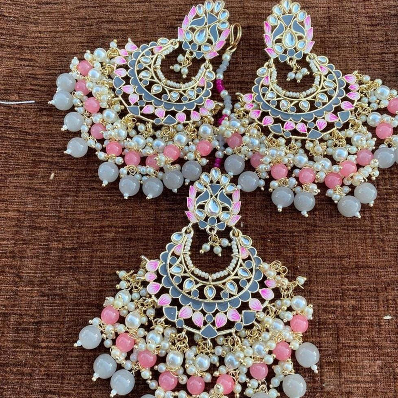 SNERA Gold Plated Meenakari Pearl And Beads Dangler Earrings With Mangtikka