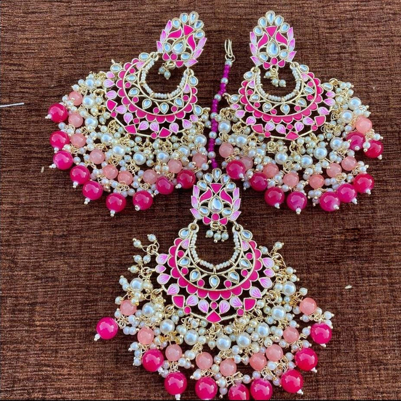 SNERA Gold Plated Meenakari Pearl And Beads Dangler Earrings With Mangtikka