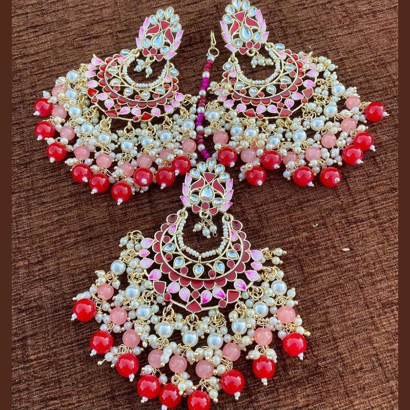 SNERA Gold Plated Meenakari Pearl And Beads Dangler Earrings With Mangtikka