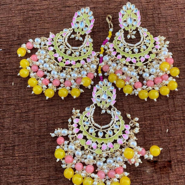 SNERA Gold Plated Meenakari Pearl And Beads Dangler Earrings With Mangtikka