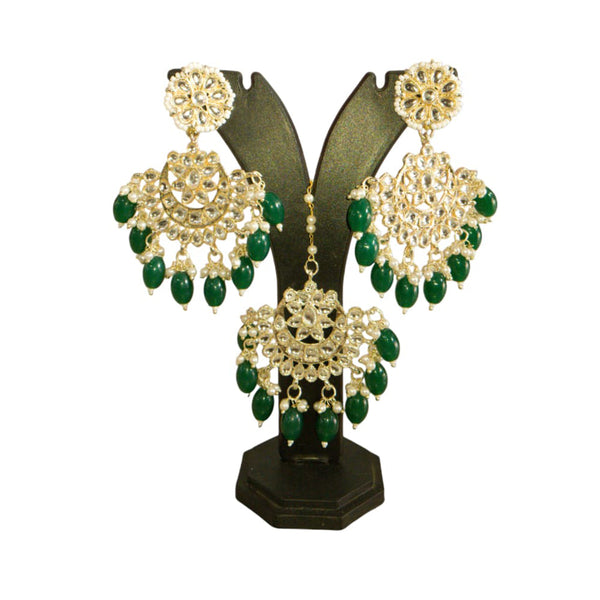 SNERA Gold Plated Kundan Stone And Pearls Dangler Earrings With Maangtikka