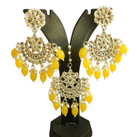 SNERA Gold Plated Kundan Stone And Pearls Dangler Earrings With Maangtikka