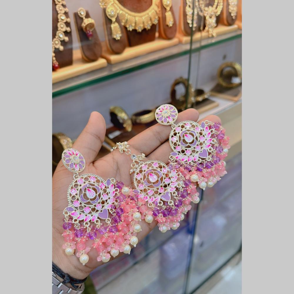 SNERA Gold Plated Kundan Stone And Beads Meenakari Dangler Earrings With Maangtikka
