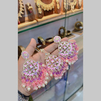 SNERA Gold Plated Kundan Stone And Beads Meenakari Dangler Earrings With Maangtikka