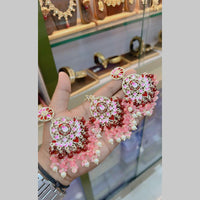 SNERA Gold Plated Kundan Stone And Beads Meenakari Dangler Earrings With Maangtikka