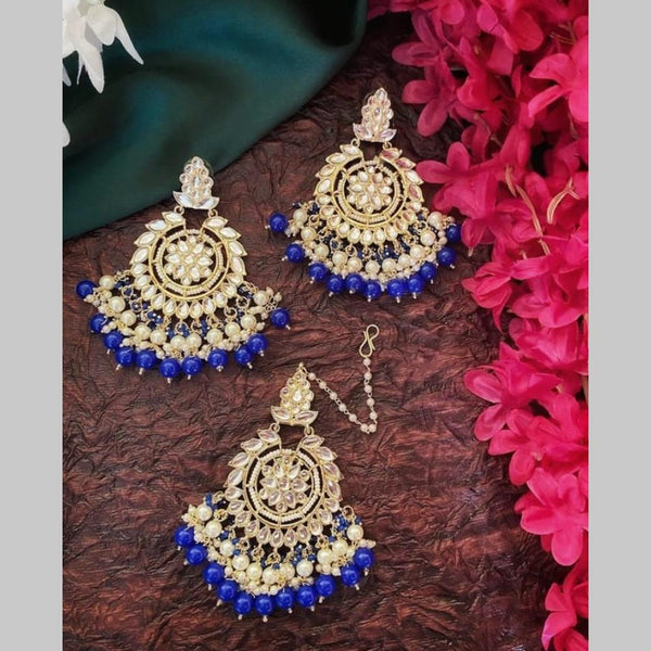 SNERA Gold Plated Kundan Stone And Beads Dangler Earrings With Maangtikka