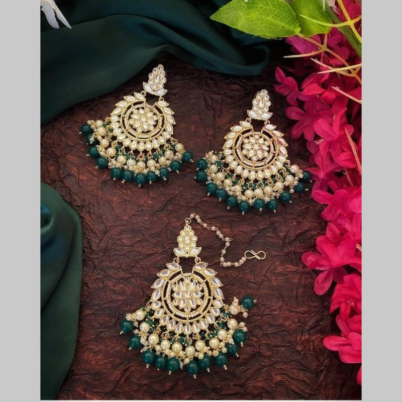 SNERA Gold Plated Kundan Stone And Beads Dangler Earrings With Maangtikka