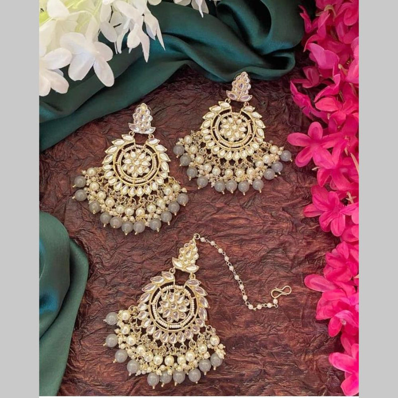 SNERA Gold Plated Kundan Stone And Beads Dangler Earrings With Maangtikka