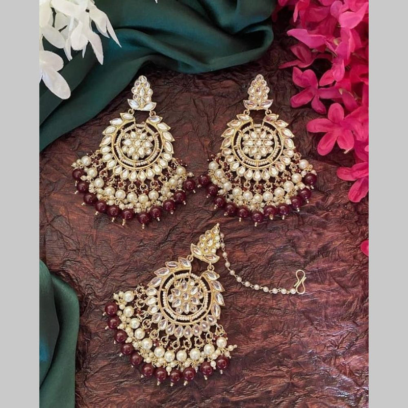 SNERA Gold Plated Kundan Stone And Beads Dangler Earrings With Maangtikka