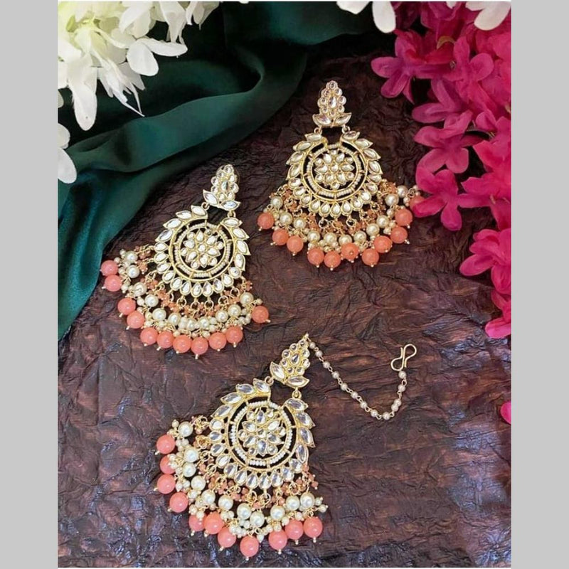 SNERA Gold Plated Kundan Stone And Beads Dangler Earrings With Maangtikka