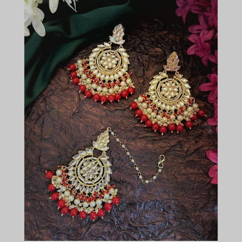 SNERA Gold Plated Kundan Stone And Beads Dangler Earrings With Maangtikka