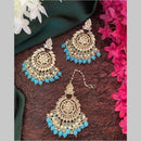 SNERA Gold Plated Kundan Stone And Beads Dangler Earrings With Maangtikka