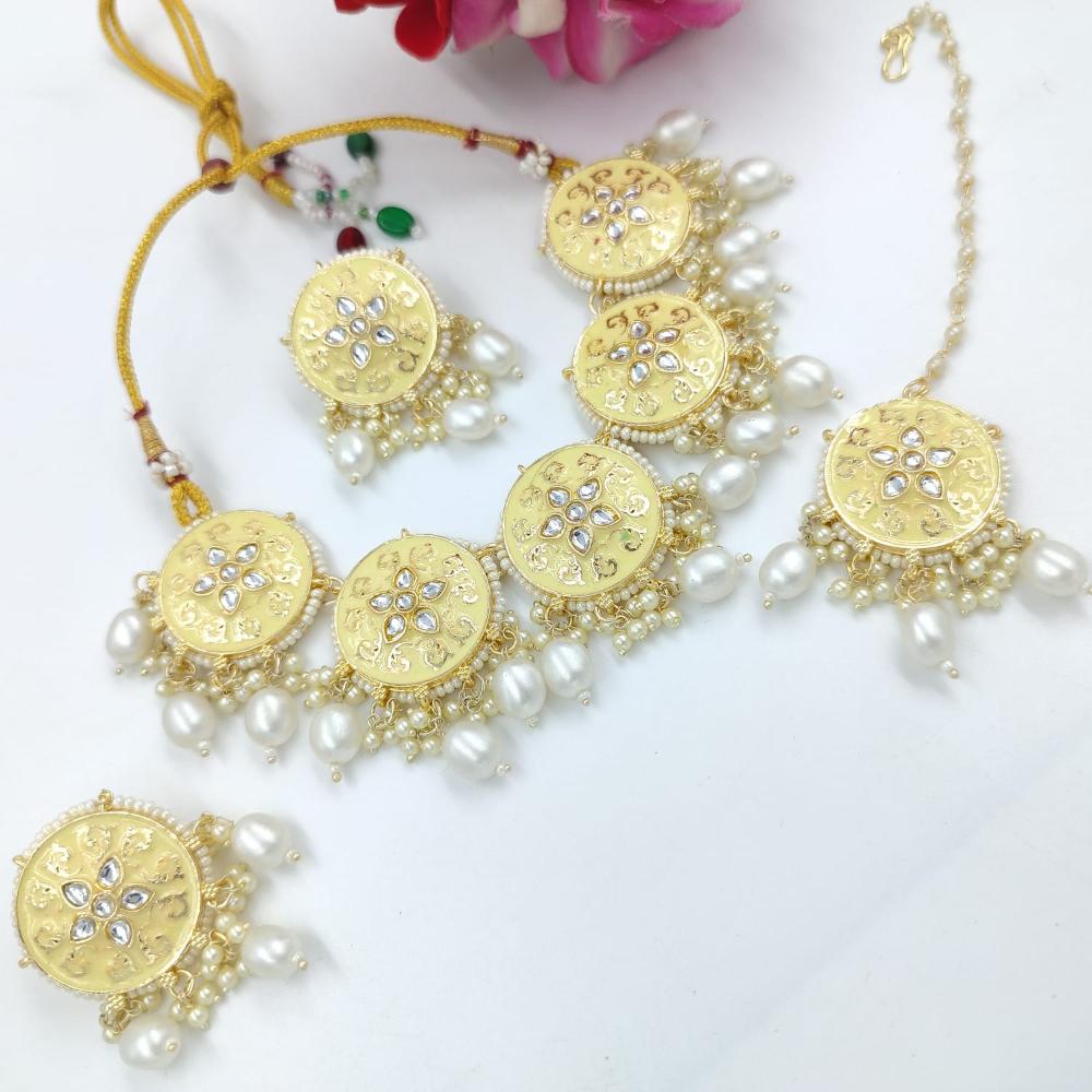 SNERA Gold Plated Kundan Stone And Pearls Meenakari Choker Necklace Set