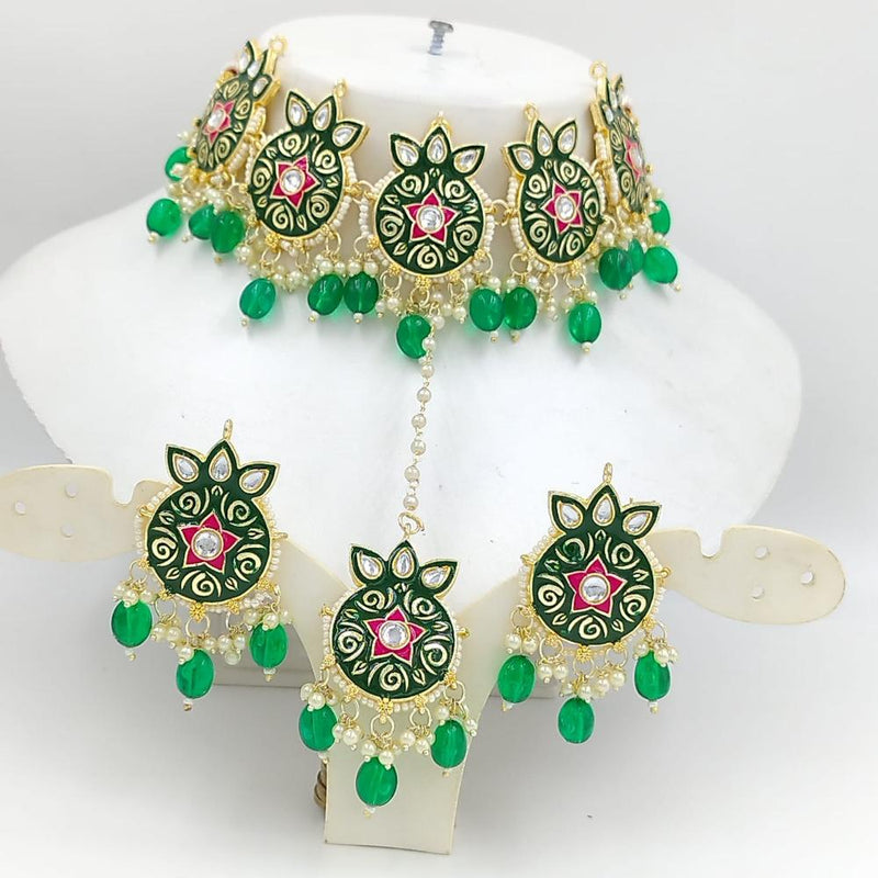 SNERA Gold Plated Kundan Stone And Pearls Meenakari Choker Necklace Set