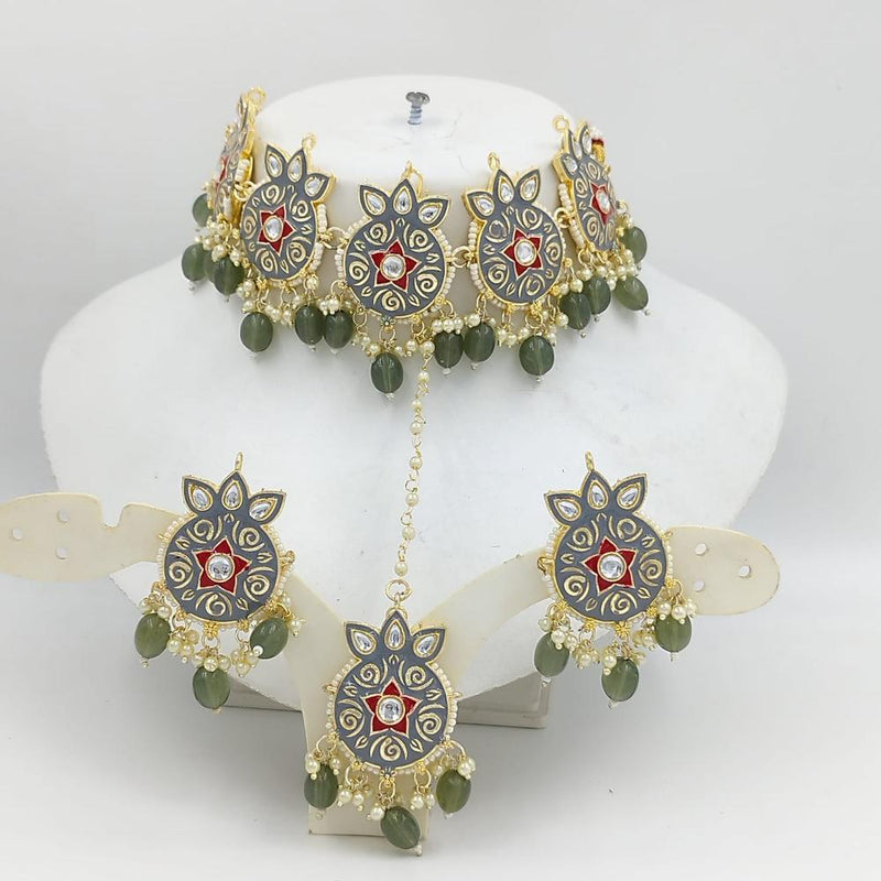 SNERA Gold Plated Kundan Stone And Pearls Meenakari Choker Necklace Set