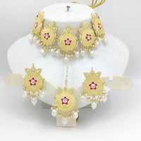 SNERA Gold Plated Kundan Stone And Pearls Meenakari Choker Necklace Set