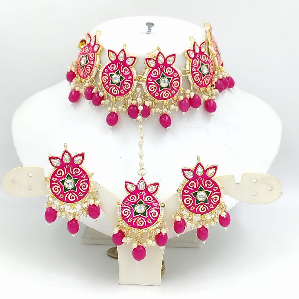 SNERA Gold Plated Kundan Stone And Pearls Meenakari Choker Necklace Set