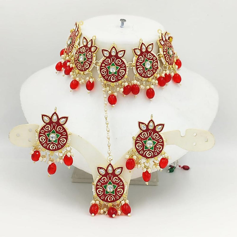 SNERA Gold Plated Kundan Stone And Pearls Meenakari Choker Necklace Set