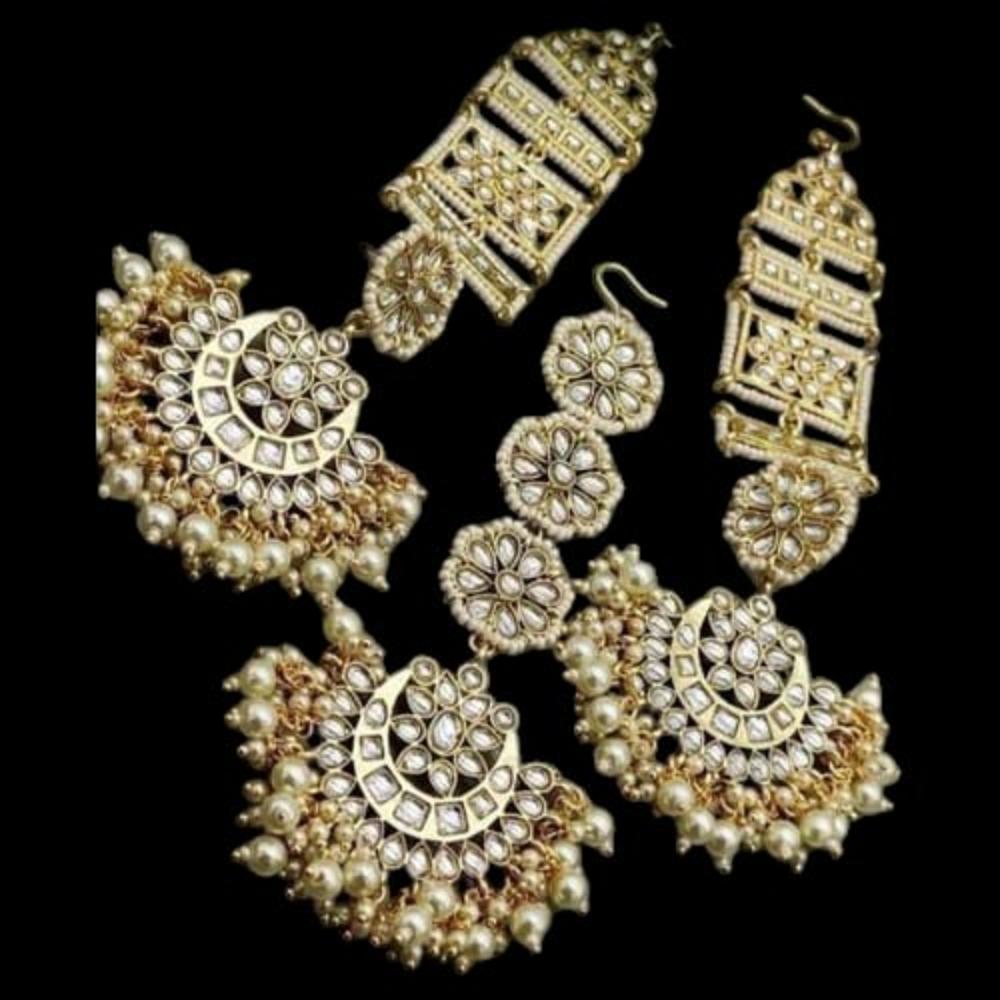 SNERA Gold Plated Kundan Stone And Beads Dangler Earrings With Maangtikka