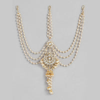 SNERA Gold Plated Kundan Stone And Pearls Sheeshphool with Mangtikka