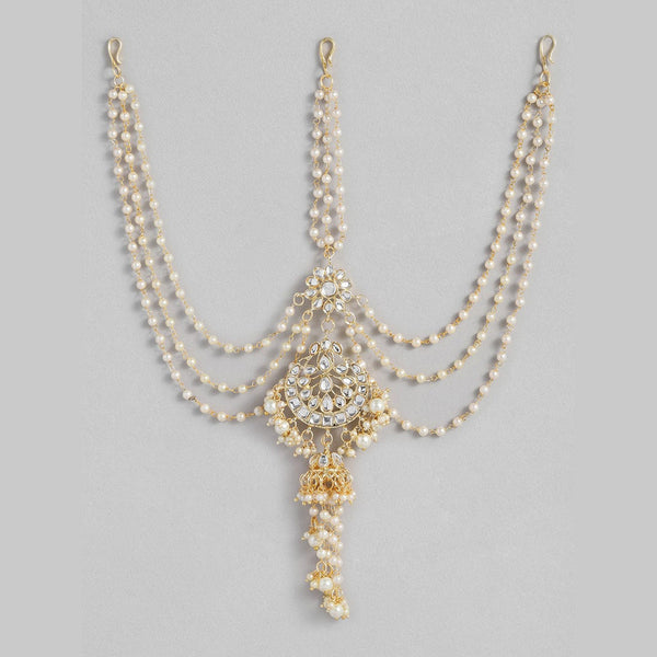 SNERA Gold Plated Kundan Stone And Pearls Sheeshphool with Mangtikka