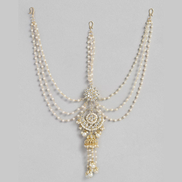 SNERA Gold Plated Kundan Stone And Pearls Sheeshphool with Mangtikka