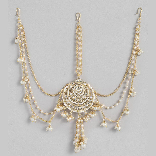 SNERA Gold Plated Kundan Stone And Pearls Sheeshphool with Mangtikka