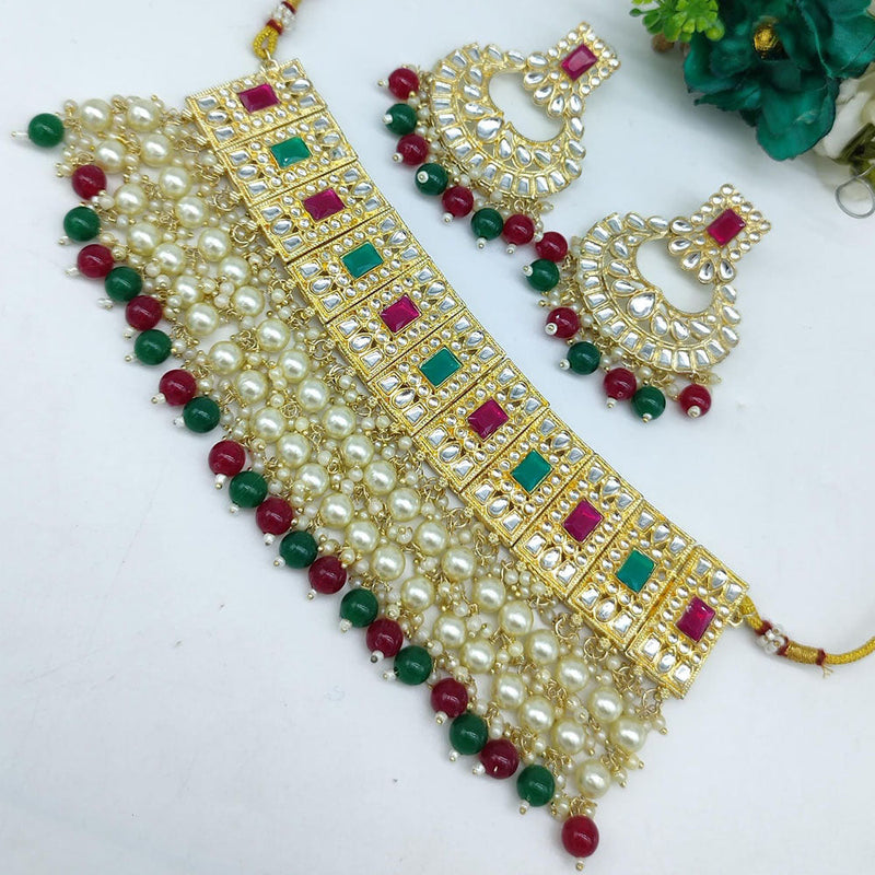 SNERA Gold Plated Kundan Stone And Pearls Choker Necklace Set