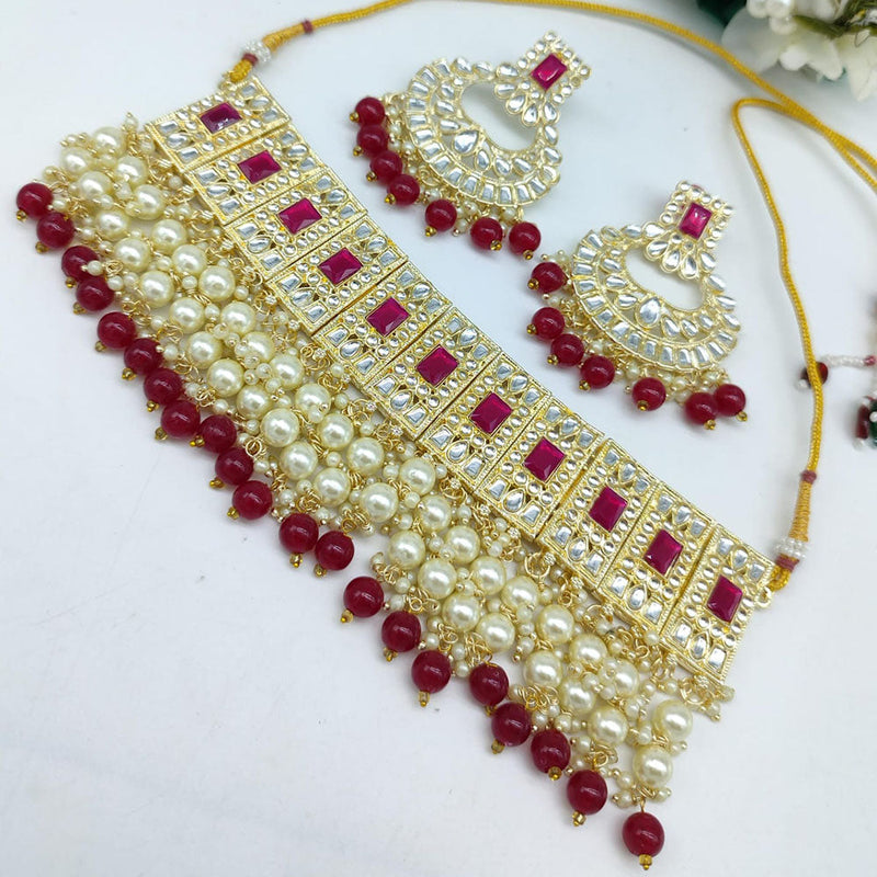 SNERA Gold Plated Kundan Stone And Pearls Choker Necklace Set