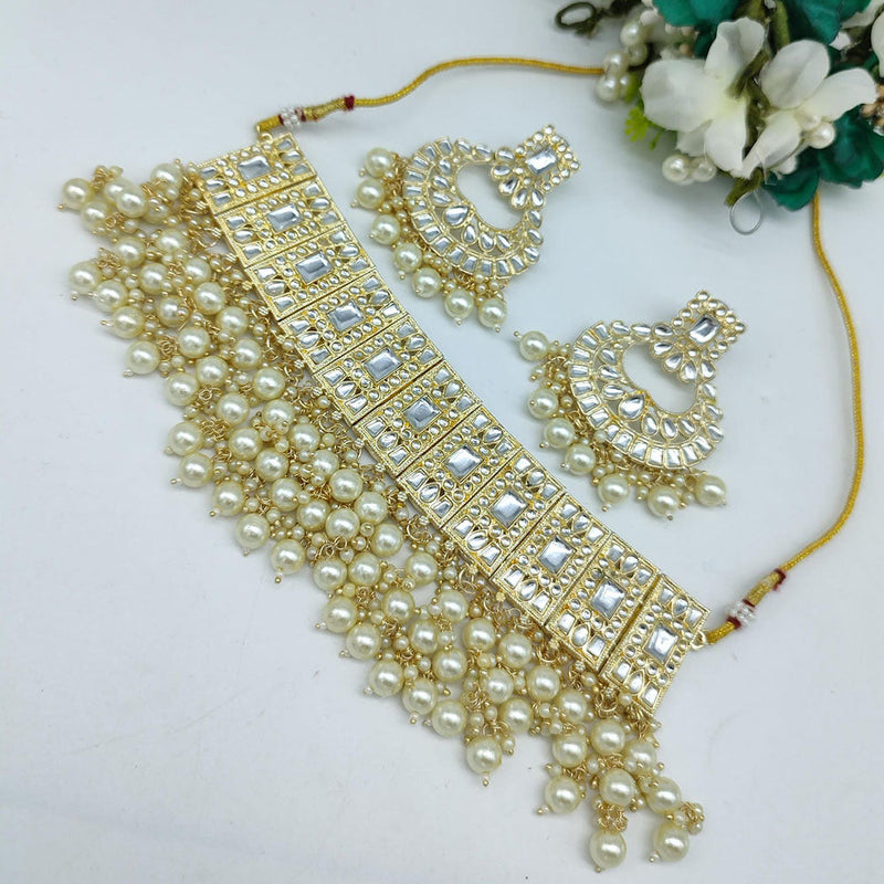 SNERA Gold Plated Kundan Stone And Pearls Choker Necklace Set