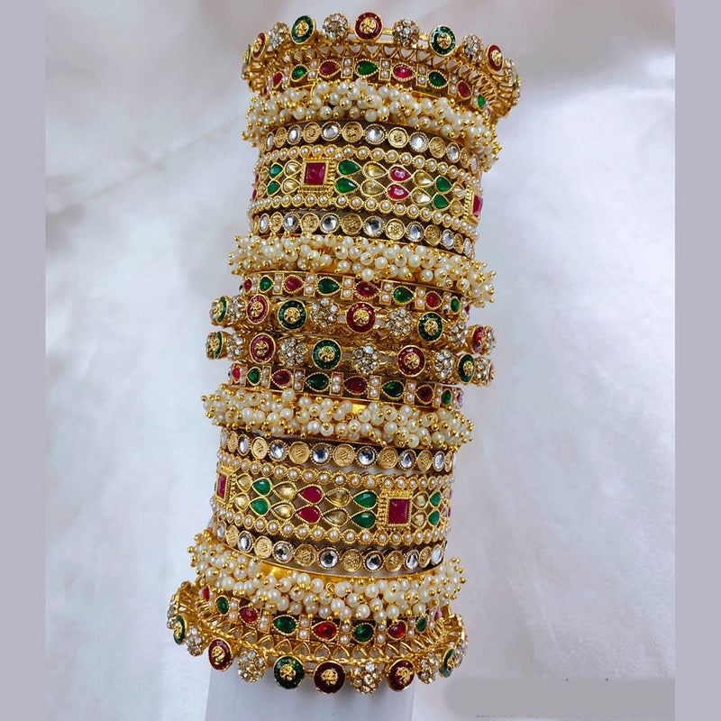 SNERA Gold Plated Pota Stone And Pearls Bangle Set