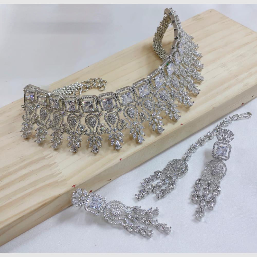 SNERA Silver Plated American Diamond Choker Necklace Set
