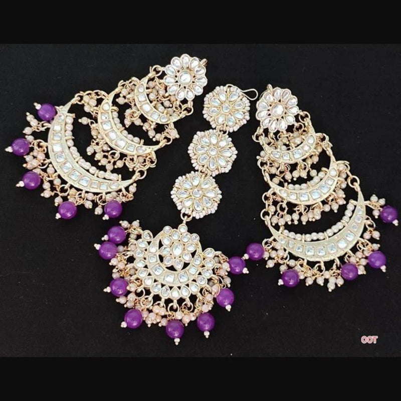 SNERA Gold Plated Kundan Stone And Beads Dangler Earrings With Maangtikka